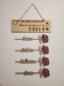 remerciements, nounou, crèche, enfant, cadeau, bois