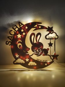 enfant, naissance, lampe, bois, veilleuse, famille, gravure, personnalisation